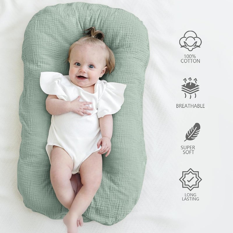 MairMore Muslin Baby Cover for Newborn, Soft and Breathable 100% Cotton Lounger Slipcover Neutral, Pack of 2(Green, Ivory) - Image 2
